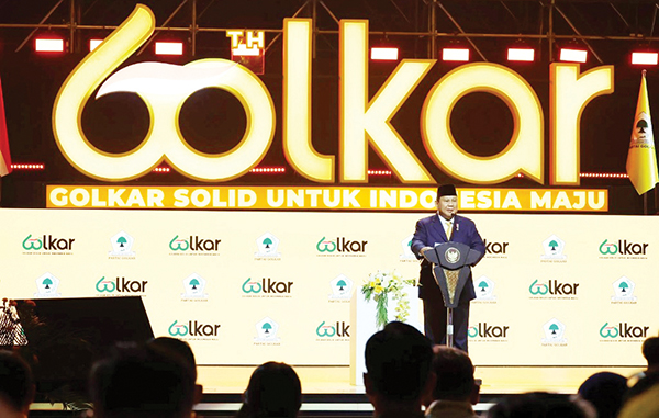 HUT GOLKAR— Presiden Prabowo Subianto dalam HUT ke-60 Partai Golkar di SICC, Bogor.