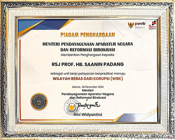 Gubernur Mahyeldi Mengaku Bersyukur, RS. Jiwa Prof. HB. Saanin Raih Penghargaan 1 PENGHARGAAN—RS. Jiwa Prof. HB. Saanin meraih penghargaan bergensi dari Kementerian Pendayagunaan Aparatur Negara dan Reformasi Birokrasi (PANRB) RI.