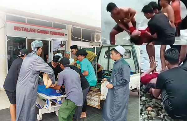 EVAKUASI— Jenazah santri asal Aceh, Alwiansyah yang ditemukan tewas tenggelam di Bendungan 
Lubuk Rayo, Kelurahan Lubuk Minturun, Padang, dievakuasi ke rumah sakit.