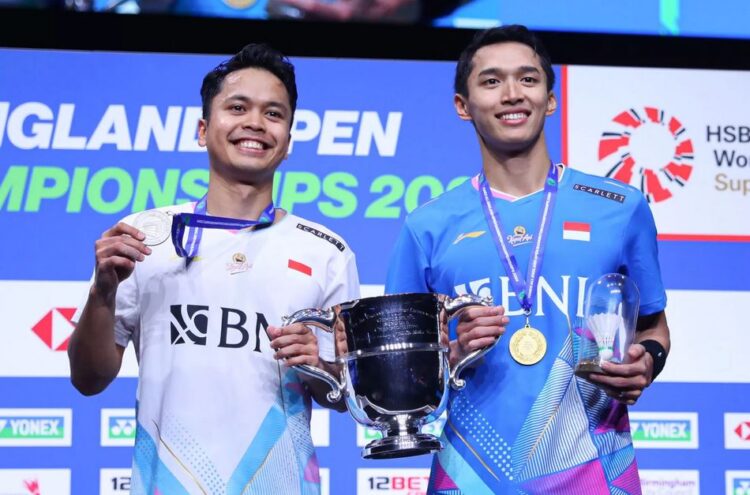 JUARA ALL ENGLAND— Jonatan Christie saat menjuarai All England 2024 usai mengalahkan Anthony Ginting di final.