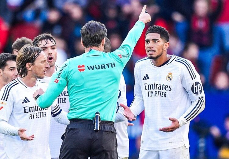 KARTU MERAH— Jude Bellingham mendapat kartu merah langsung setelah dianggap menghina wasit, pada pertandingan lanjutan pekan ke-24 La Liga 2024/2025, Sabtu (15/2) malam WIB.