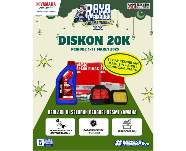 Promo selama Ramadhan 1446 H, Diskon 20 Ribu untuk Pembelian Sparepart di Bengkel Resmi Yamaha 1 PROMO-Yamaha menghadirkan diskon Rp 20 ribu untuk setiap pembelian sparepart di Bengkel Resmi Yamaha.