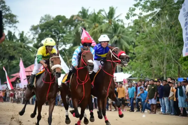 UNJUK KEMAMPUAN— Para joki kuda pacu berupaya melihatkan kemampuan terbaiknya pada tradisional pacu kudo di Duku Banyak Nagari Balahan Aie, Kecamatan VII Koto Sungai Sariak, Padangpariaman.