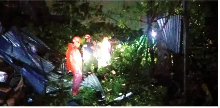 EVAKUASI POHON TUMBANG—  Tim Reaksi Cepat Penanggulangan Bencana BPBD Kota Padang, membersihkan dan mengevakuasi material pohon tumbang untuk memulihkan kondisi, di di Jalan Wisma Utama RT 004 RW 003, Kelurahan Parak Laweh Pulau Aie Nan XX, Kecamatan Lubuk Begalung, Senin (21/4) malam.