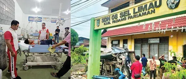 Rem Blong, Hilang Kendali lalu Tabrak Pemotor, Truk Pasir Terbalik, Pagar Sekolah Roboh, 2 Orang Dilarikan ke Rumah Sakit 1 KECELAKAAN— Kondisi truk yang terbalik usai menabrak sepeda motor dan pagar sekolah di Kecamatan Sungai Limau, Kabupaten Padangpariaman.