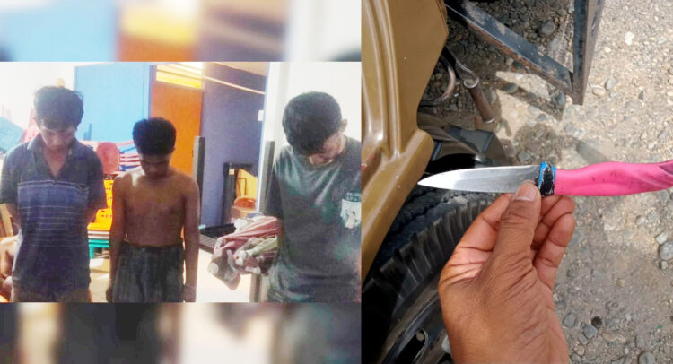 Bawa Pisau, 3 Pak Ogah di Simpang Tunggul Hitam Diamankan 1 KEDAPATAN BAWA PISAU— Personel Satpol PP Kota Padang mengamankan tiga orang pak ogah di simpang Tunggul Hitam. Saat digeledah, petugas menemukan sebilah pisau di balik baju salah satu dari pak ogah tersebut.