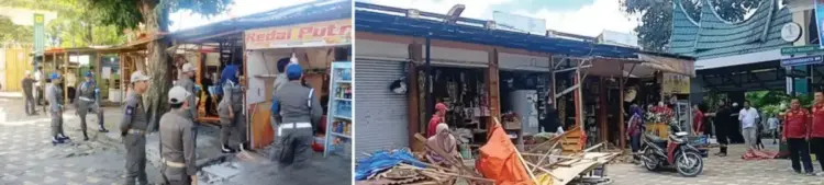 Langgar Batas Area, 30 Kios Pedagang di Gerbang TMSBK Ditertibkan 1 PENERTIBAN KIOS PEDAGANG— Satpol PP Kota Bukittinggi, menggelar penertiban kios milik pedagang yang berada di area pintu masuk gerbang objek wisata TMSBK atau Kebun Binatang, Kamis (15/5).