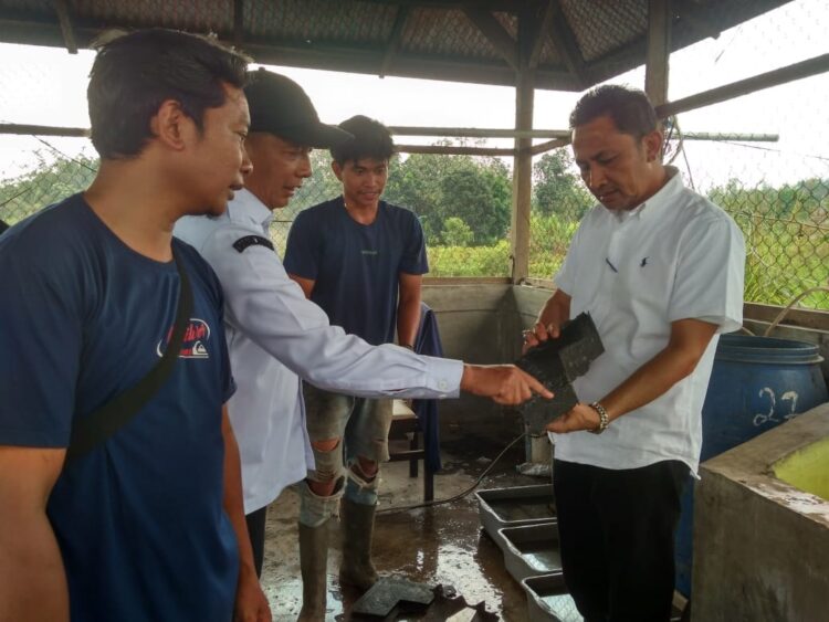 Sampah Plastik Diolah menjadi Pavingblock 1 PEMBUATAN PAVINGBLOCK— Wali Nagari Taram Nanang Anwar, menunjukkan hasil paving block dari sampah plastik kepada Kadis LH Yuniwal.