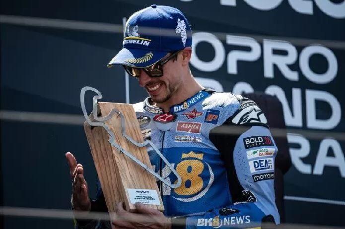 Alex Marquez Puas Meskipun Hanya Raih Podium Dua di Sirkuit Aragon 1 PODIUM— Alex Marquez setelah meraih podium kedua di MotoGP Aragon yang berlangsung 8 Juni 2025.