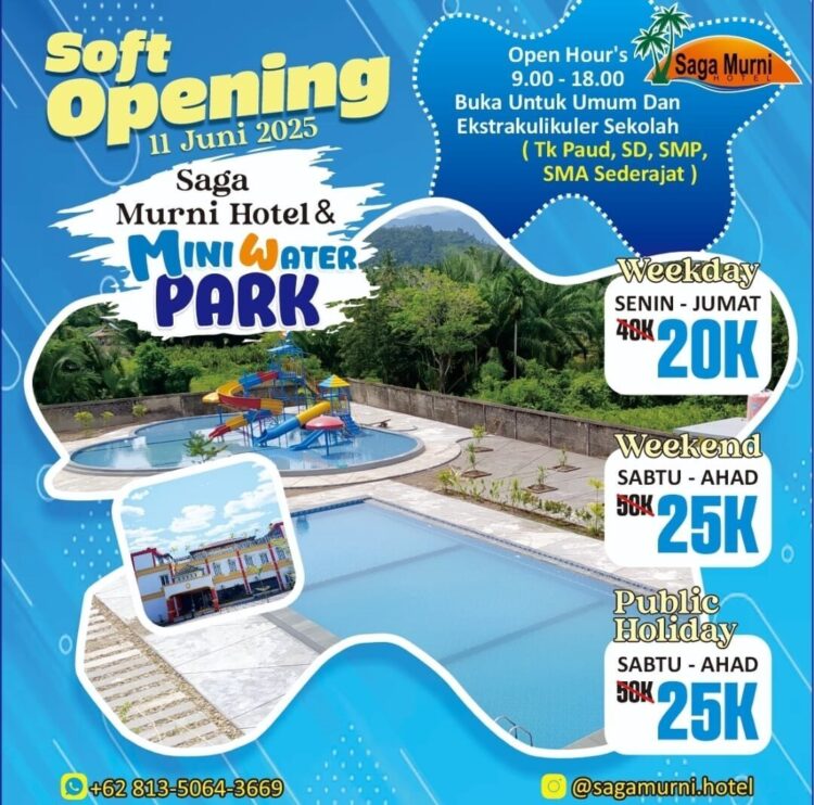 Saga Murni Hotel Mini Water Park, Destinasi Liburan Keluarga Hadir di Painan 1 pilihan liburan seru--Wisata baru yang jadi pilihan liburan seru bersama keluarga, Saga Murni Hotel dan Mini Waterpark yang terletak di Sago, Kecamatan IV Jurai, Kabupaten Pesisir Selatan.
