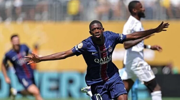 RAYAKAN GOL— Ousmane Dembele saat rayakan gol ke gawang Real Madrid di Piala Dunia Antarklub.