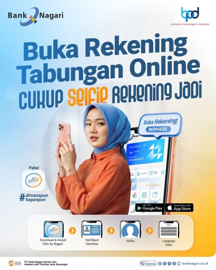 Bank Nagari Permudah Masyarakat dan Perantau BukaTabungan Secara Online, Di Mana pun dan Kapan pun 1 BUKA TABUNGAN ONLINE— Bank Nagari
menghadirkan menu Pembukaan Rekening Bank
di Super Apps Ollin by Nagari.