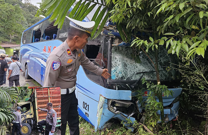 Bus ANS Seruduk Truk Pengangkut Ayam, Satu Tewas dan Satu Luka Parah 1 KECELAKAAN—Polisi melakukan olah TKP kecelakaan yang melibatkan bus ANS dan truk pengangkut ayam.