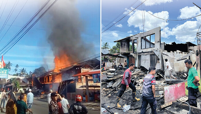 KEBAKARAN— Kondisi empat ruko yang mengalami kebakaran di Jorong Limbanang Baruah, Nagari Limbanang, Kecamatan Suliki.