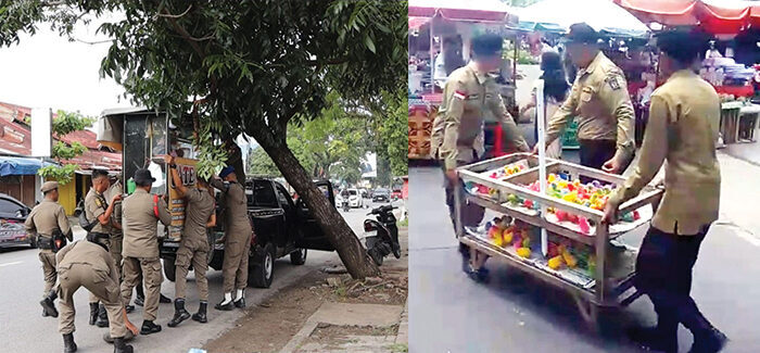 PENERTIBAN PKL— Petugas Satpol  mengamankan sejumlah lapak, meja dan juga gerobak milik PKL saat dilakukan penertiban di kawasan Fase VII Pasar Raya dan di Simpang Tinju, Lapai, Kecamatan Nanggalo, Rabu (10/9).
