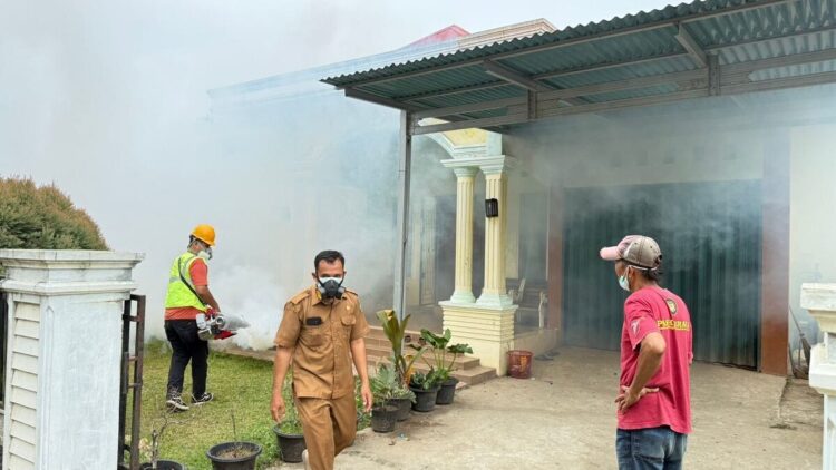 PENGASAPAN—Tim Dinas Kesehatan melakukan fogging atau pengasapan. Dinas Kesehatan  Sijunjung mencatat, pada Agustus kemarin terdapat sembilan kasus DBD di Kecamatan Sijunjung.