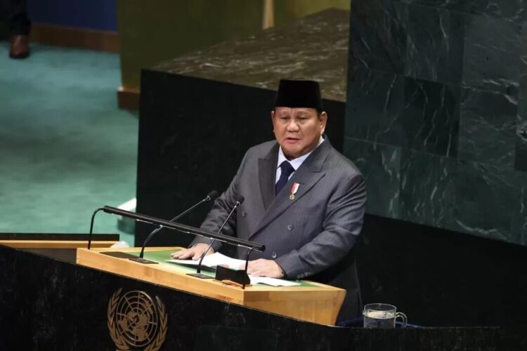 SAMPAIKAN PANDANGAN— Presiden Prabowo Subianto menyampaikan pandangannya terkait penyelesaian damai atas masalah palestina dan implementasi solusi dua negara di sidang PBB.