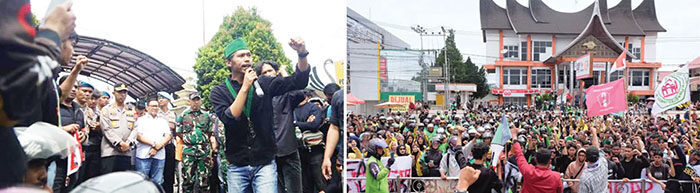 AKSI SOLIDARITAS— Ribuan massa aksi yang terdiri dari elemen masyarakat, mahasiswa, hingga pengemudi ojek online (ojol) menggelar aksi solidaritas untuk almarhum Affan Kurniawan, Sabtu (30/8), dimulai dari Tugu Polwan hingga ke Mako Polresta Bukittinggi.