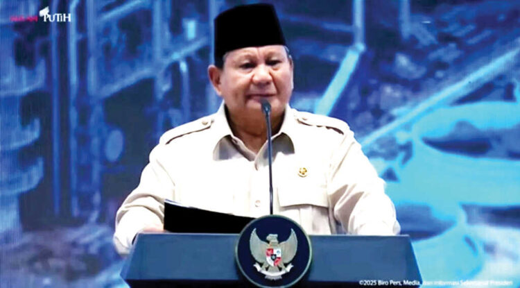 PERESMIAN— Presiden Prabowo saat menyampaikan sambutan dalam acara peresmian PT Lotte Chemical Indonesia.