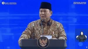BERI SAMBUTAN— Presiden Prabowo Subianto saat menghadiri Pertemuan Tahunan Bank Indonesia di Jakarta.