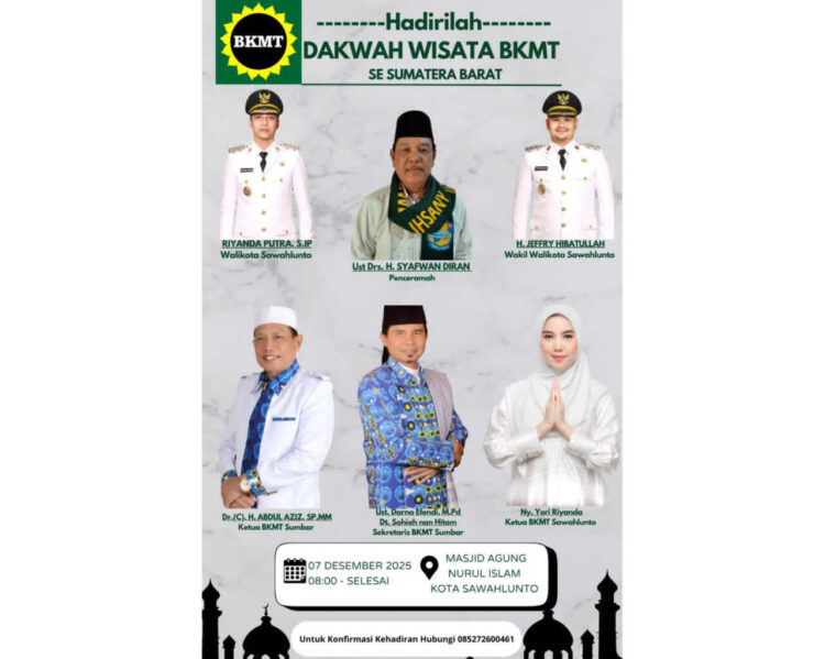 DAKWAH WISATA—BKMT)Kota Sawahlunto berkolaborasi dengan BKMT Provinsi Sumatra Barat akan menggelar kegiatan Dakwah Wisata, yang akan dilaksanakan di Masjid Agung Kota Sawahlunto, Minggu (7/12).
