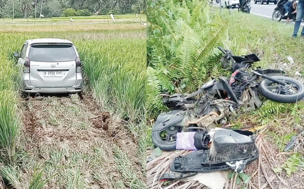 KECELAKAAN— Mobil Avanza masuk sawah dan sepeda motor hancur usai terlibat kecelakaan di ruas Jalan Lintas Pariaman–Lubuk Basung, tepatnya di Jalan Siti Manggopoh, kawasan Sungai Limau, Kabupaten Padang Pariaman, Kamis (25/12) jelang siang.