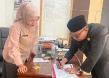 presentasi—Amelia Andila, inisiator proyek perubahan ‘Ruko Hibah Parpol’ sedang mempresentasikan proyek tersebut kepada Ketua DPC PKB Sawahlunto Ronny Eka Putra.